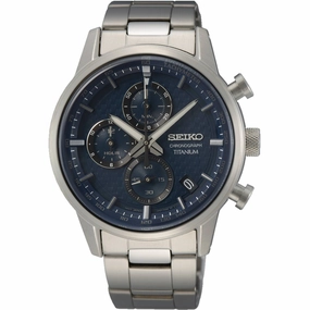 Seiko Men's Watch - Chronograph Quartz Blue Dial Grey Titanium Bracelet | SSB387 