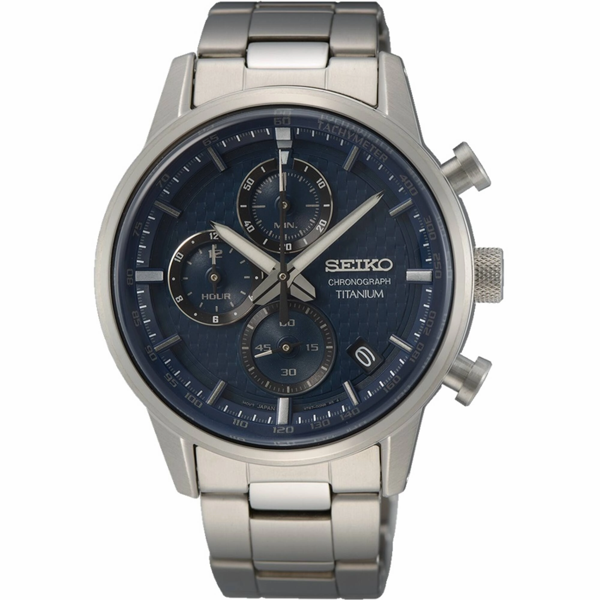 Seiko Men's Watch - Chronograph Quartz Blue Dial Grey Titanium Bracelet | SSB387 