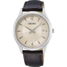 Seiko Men's Watch - Quartz Beige Dial Brown Leather Strap Date Display | SUR421P1 men's watches best men's watches under $500 affordable men's watches men watches classic