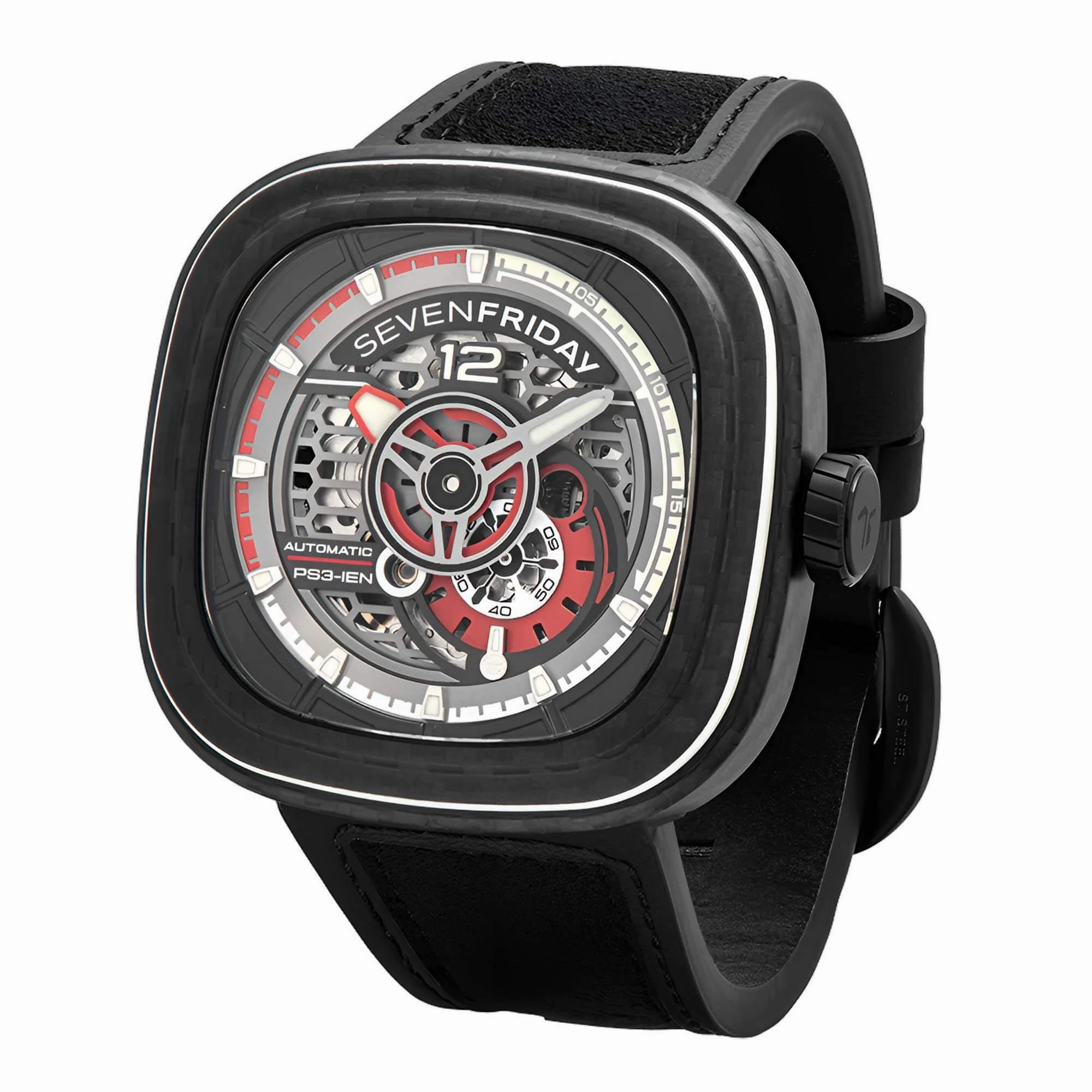 SevenFriday Men's Watch - P-Series Ruby Carbon Black Strap Power Reserve | PS3-02,automatic watch,automatic watches for men,automatic watches for women,luxury automatic watch,minimalist automatic watch,dress automatic watch,vintage automatic watch,automat