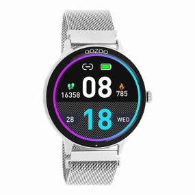 Silver coloured OOZOO smartwatch with silver coloured metal mesh bracelet - Q00135,seiko watches,couple watches,watches designer,watches discount,women watches,best women watches,high end women's watches,high quality women's watches