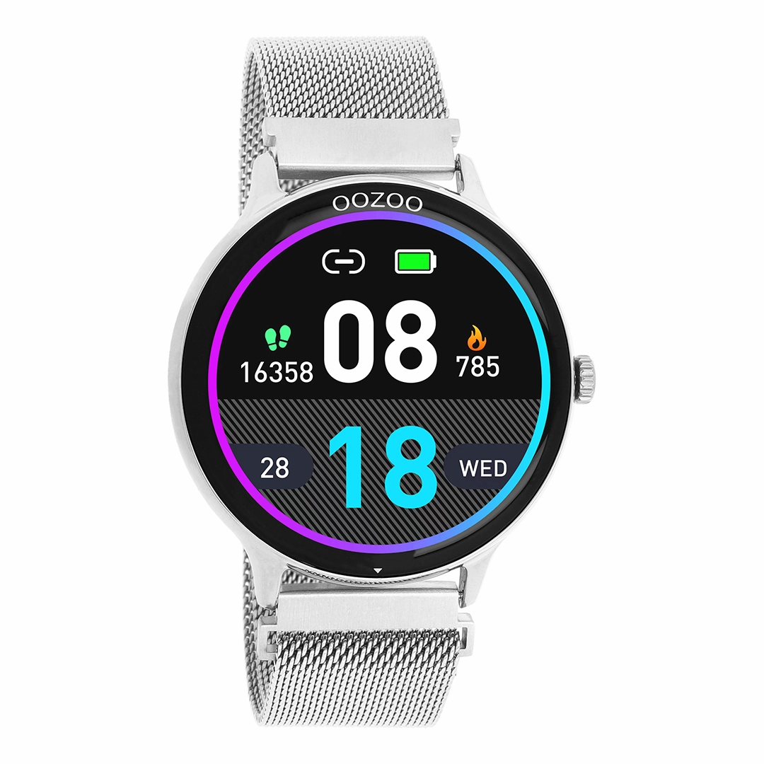 Silver coloured OOZOO smartwatch with silver coloured metal mesh bracelet - Q00135,seiko watches,couple watches,watches designer,watches discount,women watches,best women watches,high end women's watches,high quality women's watches
