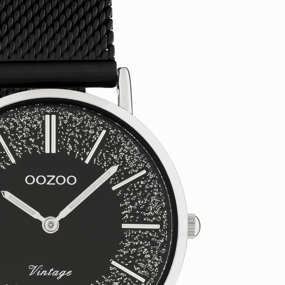 Silver coloured OOZOO watch with black metal mesh bracelet - C20141