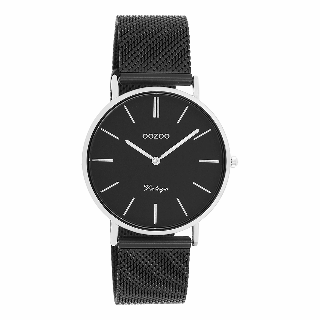 Silver coloured OOZOO watch with black metal mesh bracelet - C8866,seiko watches,mens watches,couple watches,watches designer,watches discount,best watches for men