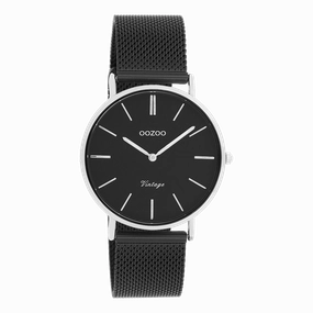 Silver coloured OOZOO watch with black metal mesh bracelet - C8866,seiko watches,mens watches,couple watches,watches designer,watches discount,best watches for men