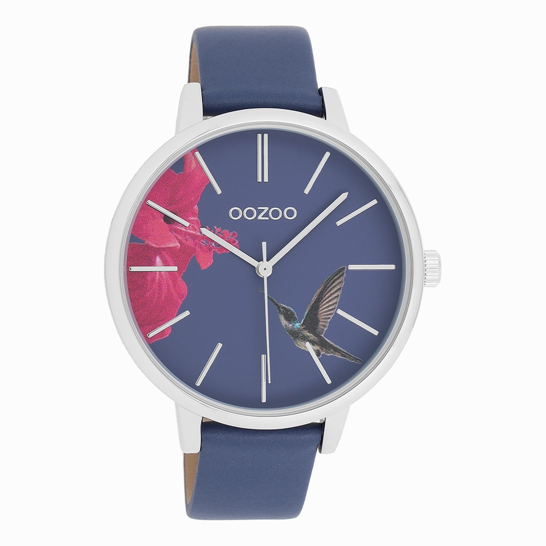 Silver coloured OOZOO watch with blue leather strap - C11069,seiko watches,couple watches,watches designer,watches discount,women watches,best women watches,high end women's watches,high quality women's watches