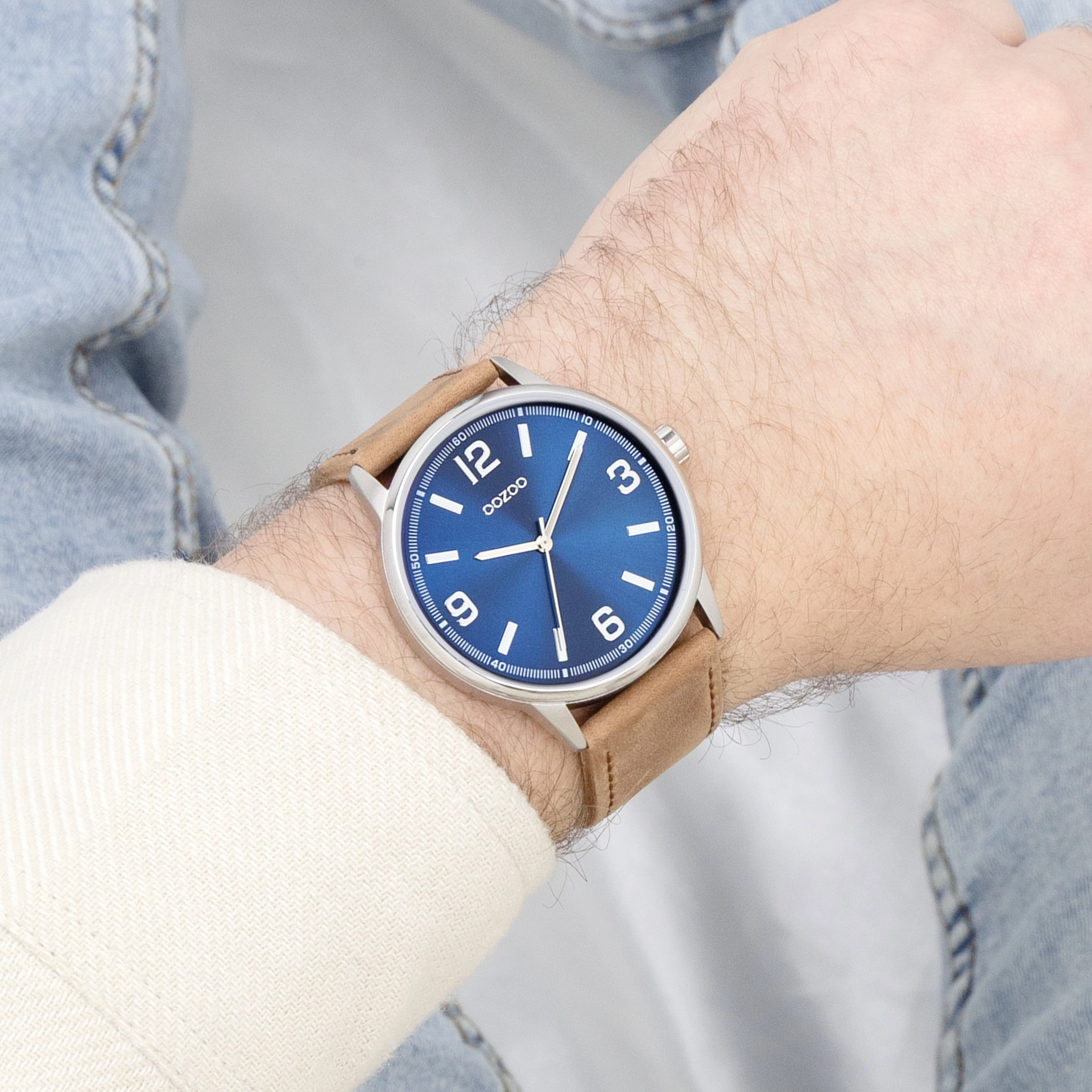 Silver coloured OOZOO watch with brown leather strap - C11501