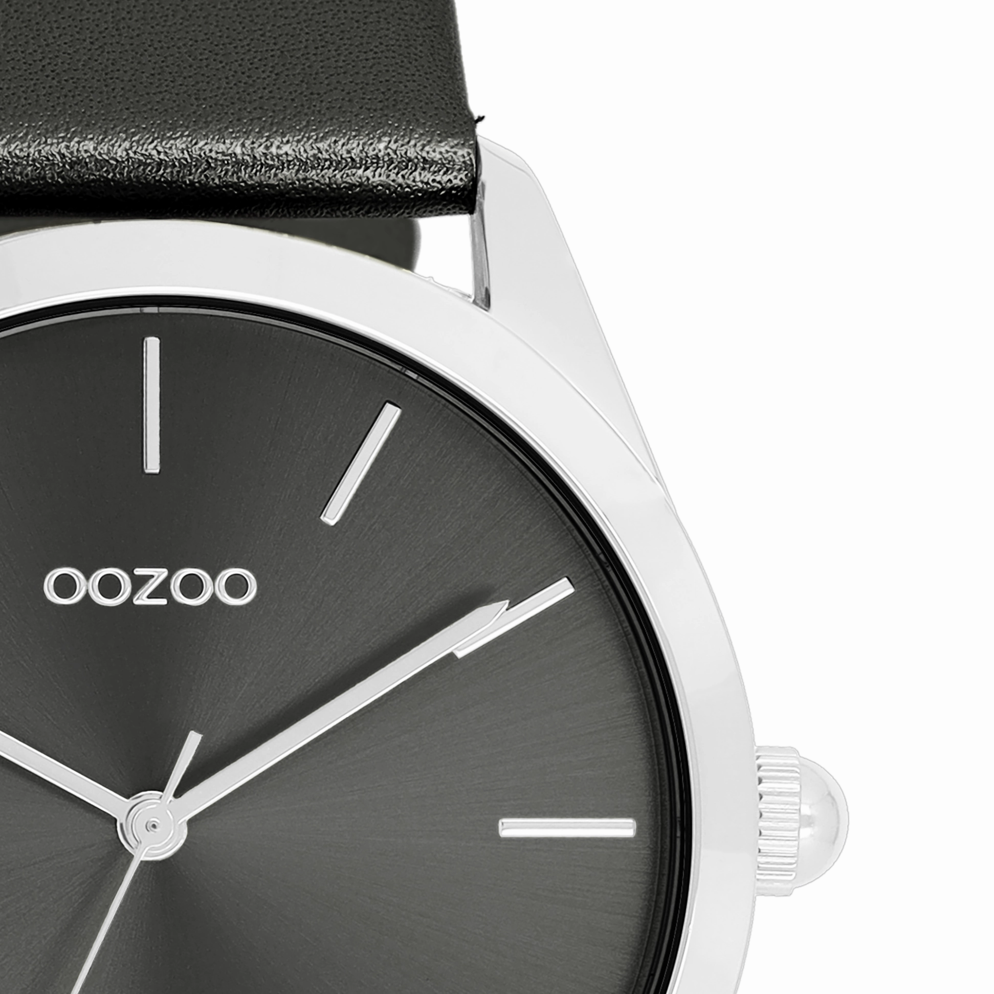 Silver coloured OOZOO watch with dark grey leather strap - C11338