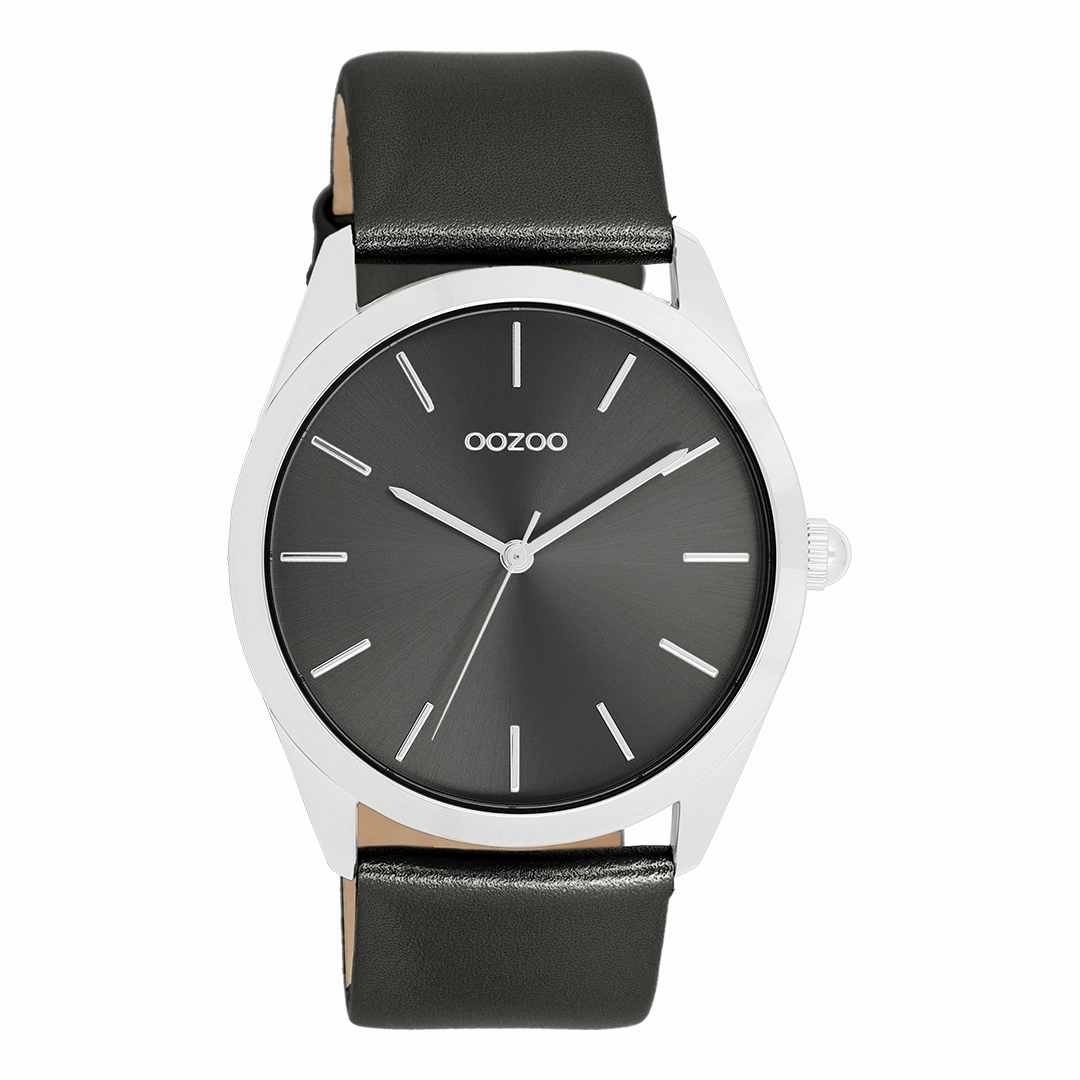 Silver coloured OOZOO watch with dark grey leather strap - C11338,seiko watches,couple watches,watches designer,watches discount,women watches,best women watches,high end women's watches,high quality women's watches