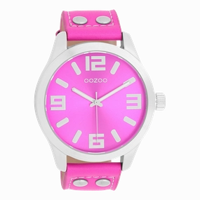 Silver coloured OOZOO watch with fluo pink leather strap - C1074,seiko watches,couple watches,watches designer,watches discount,women watches,best women watches,high end women's watches,high quality women's watches