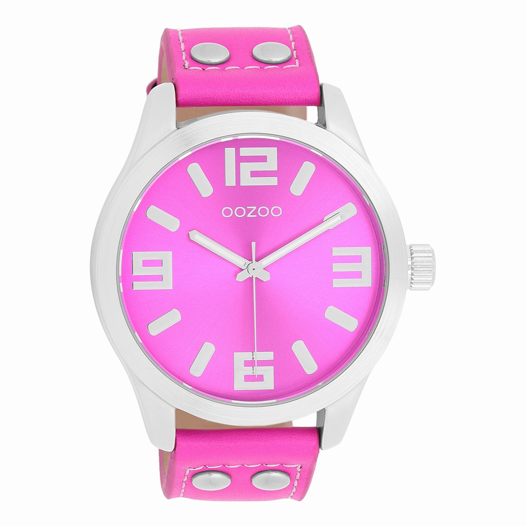 Silver coloured OOZOO watch with fluo pink leather strap - C1074,seiko watches,couple watches,watches designer,watches discount,women watches,best women watches,high end women's watches,high quality women's watches