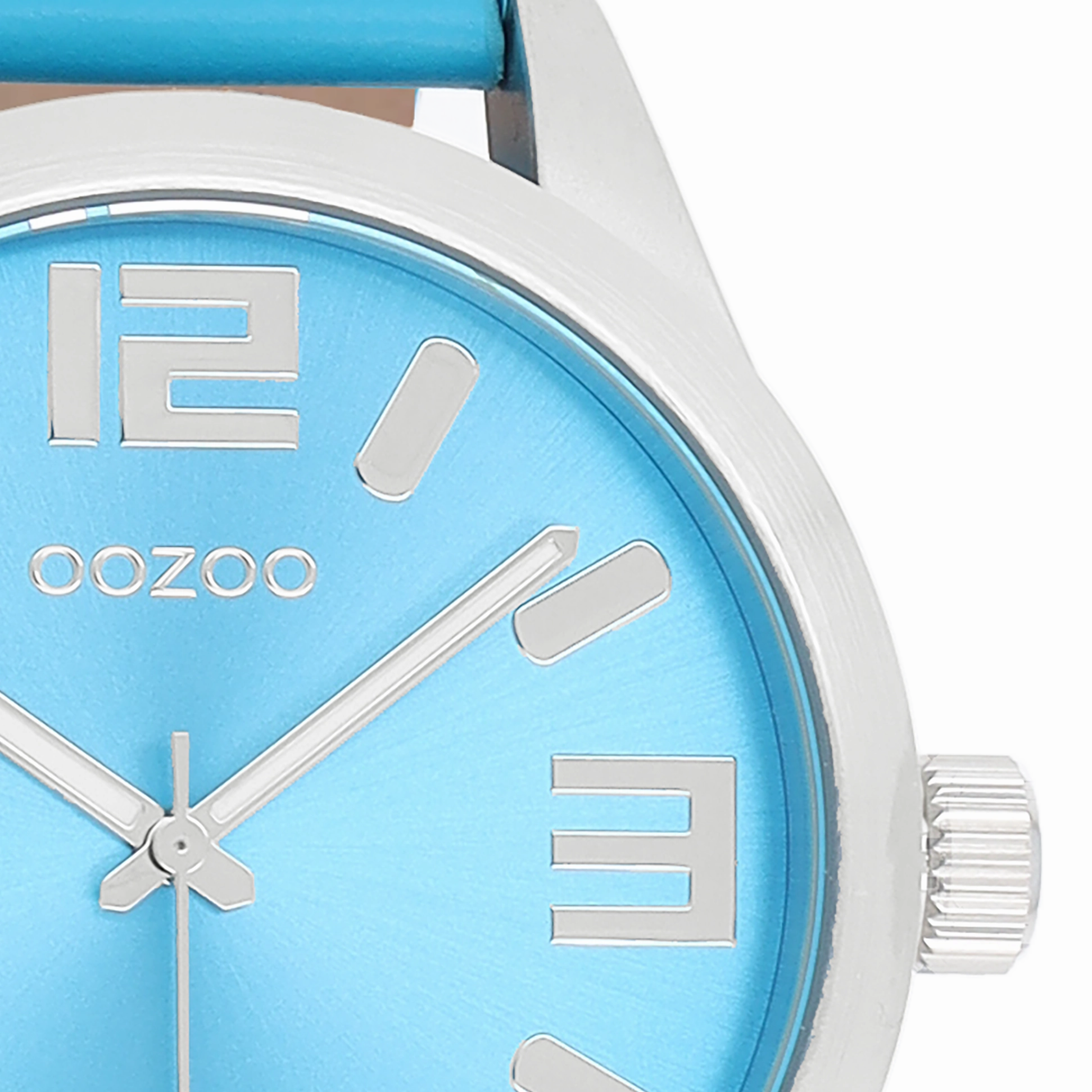 Silver coloured OOZOO watch with light blue leather strap - C1075