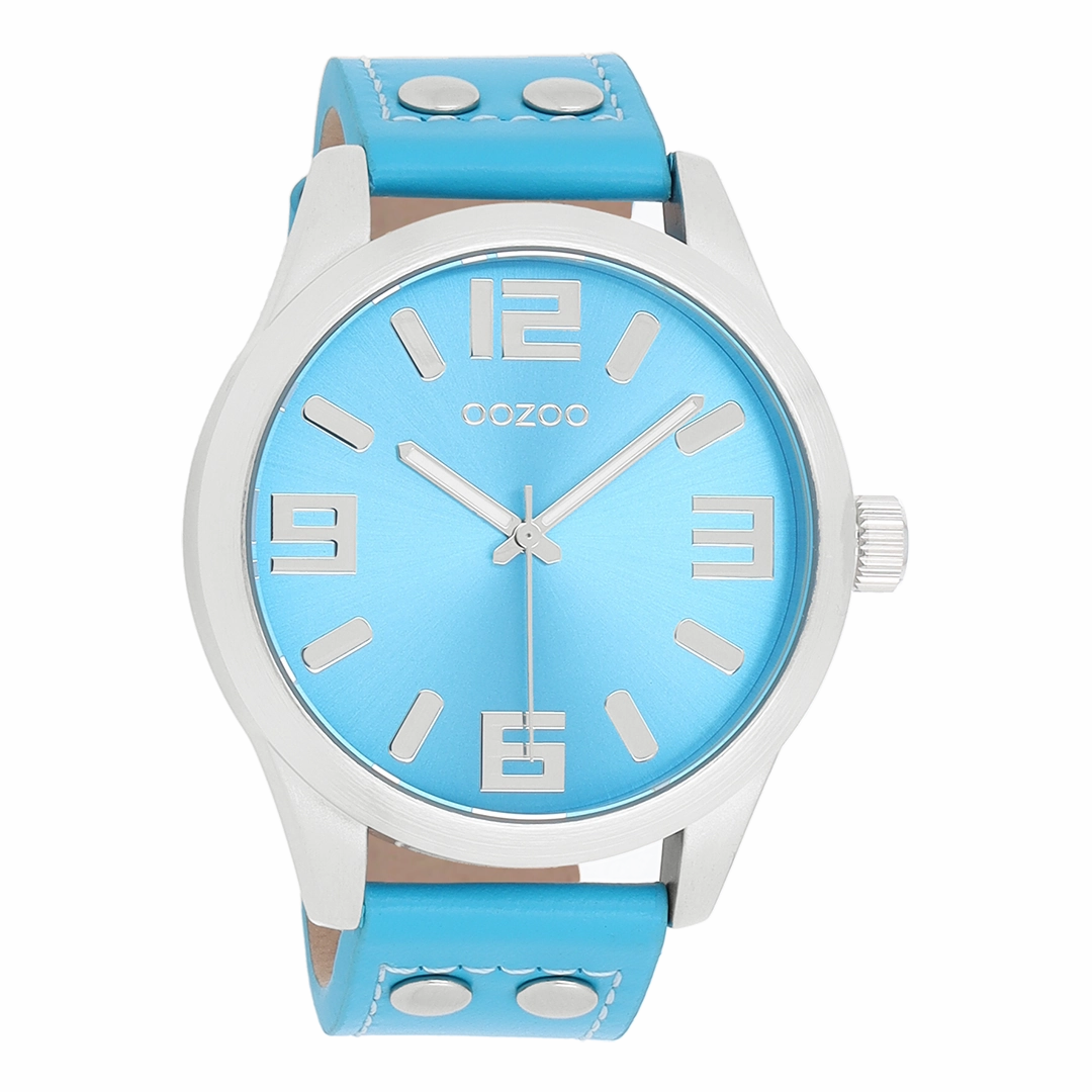 Silver coloured OOZOO watch with light blue leather strap - C1075,seiko watches,mens watches,couple watches,watches designer,watches discount,best watches for men