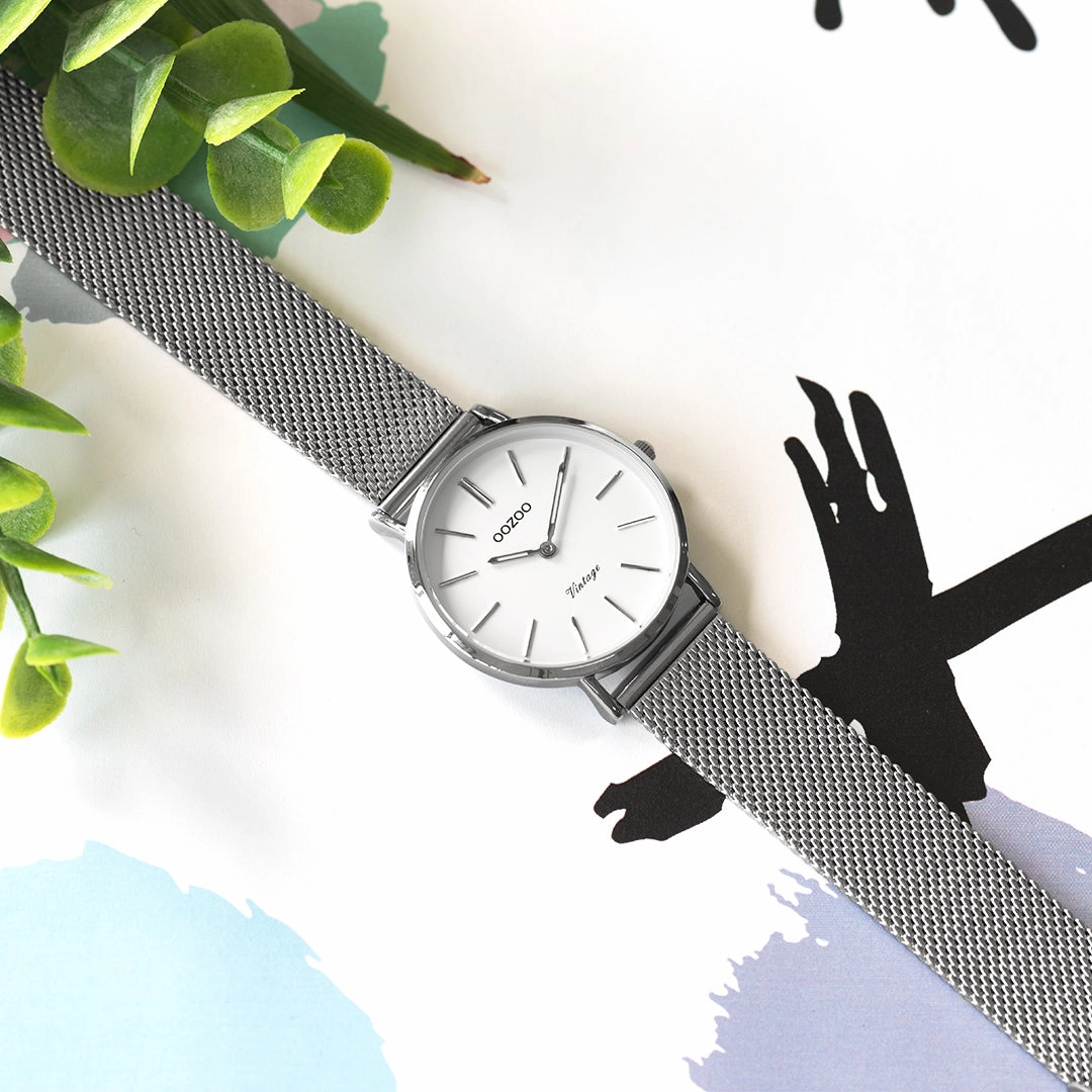 Silver coloured OOZOO watch with metal mesh bracelet - C9903