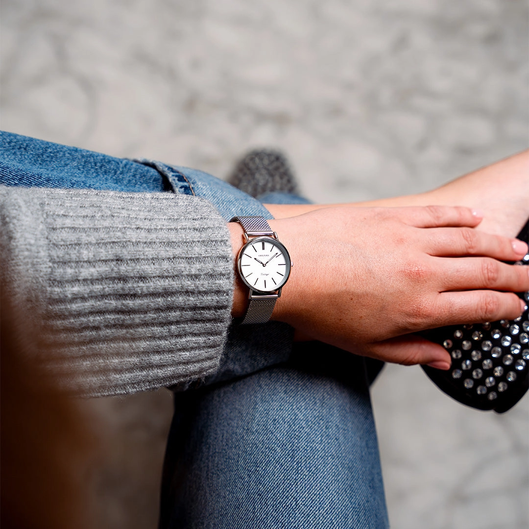 Silver coloured OOZOO watch with metal mesh bracelet - C9903