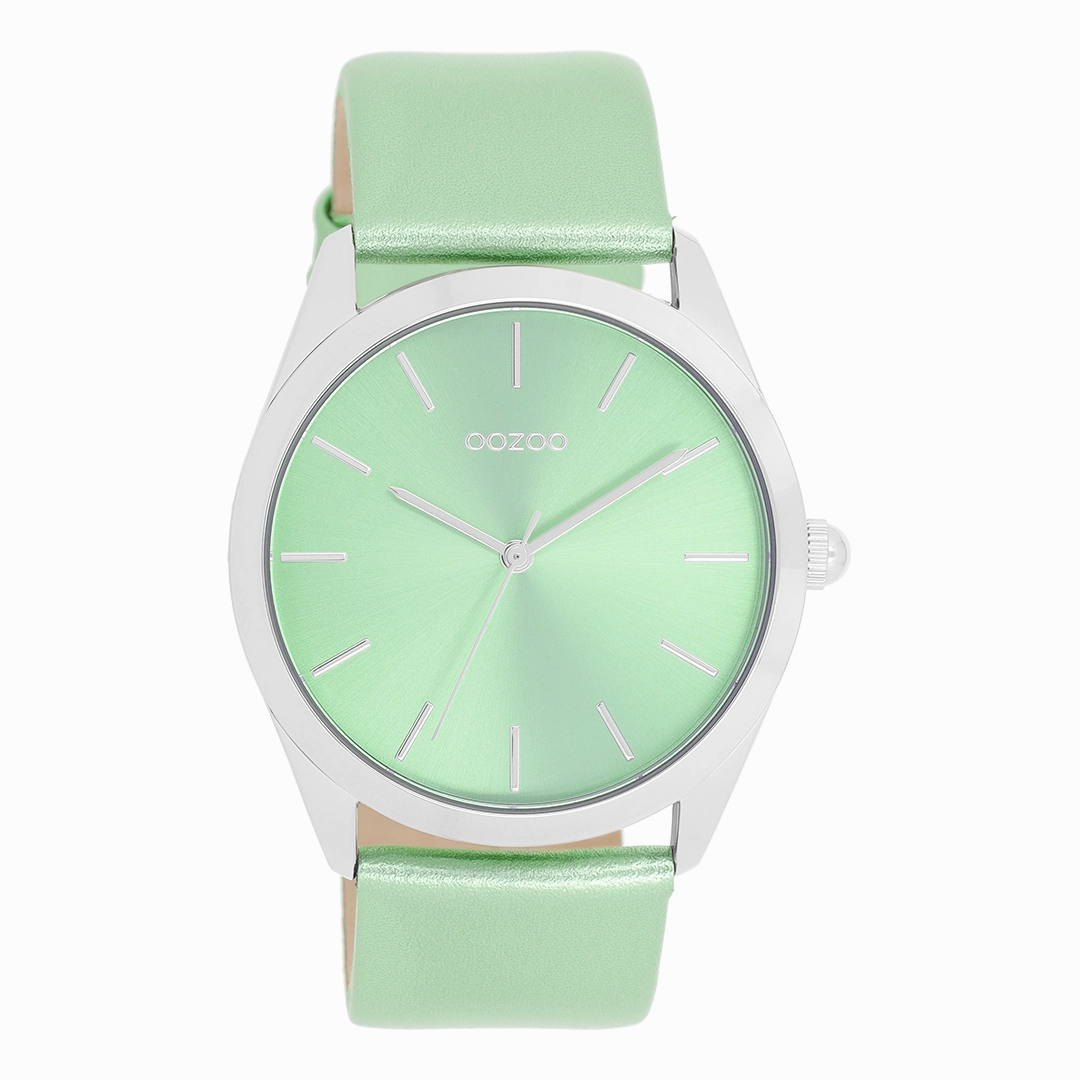 Silver coloured OOZOO watch with mint green leather strap - C11336,seiko watches,couple watches,watches designer,watches discount,women watches,best women watches,high end women's watches,high quality women's watches