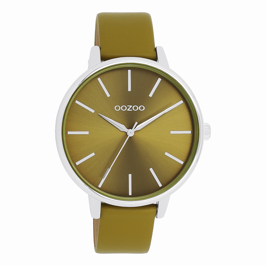Silver coloured OOZOO watch with olive green leather strap - C11298,seiko watches,couple watches,watches designer,watches discount,women watches,best women watches,high end women's watches,high quality women's watches
