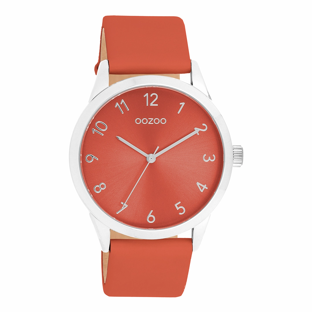 Silver coloured OOZOO watch with red leather strap - C11326,seiko watches,couple watches,watches designer,watches discount,women watches,best women watches,high end women's watches,high quality women's watches