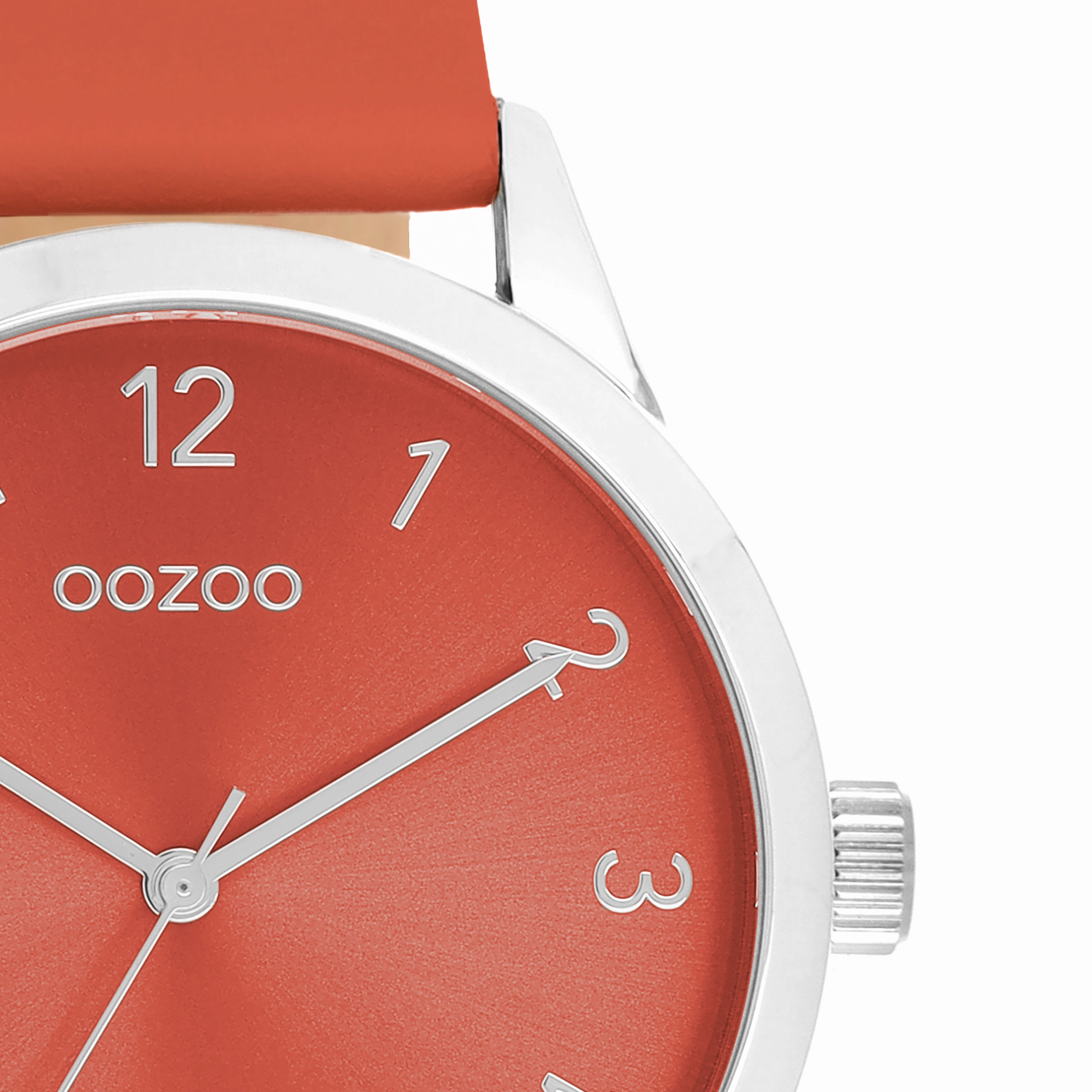 Silver coloured OOZOO watch with red leather strap - C11326