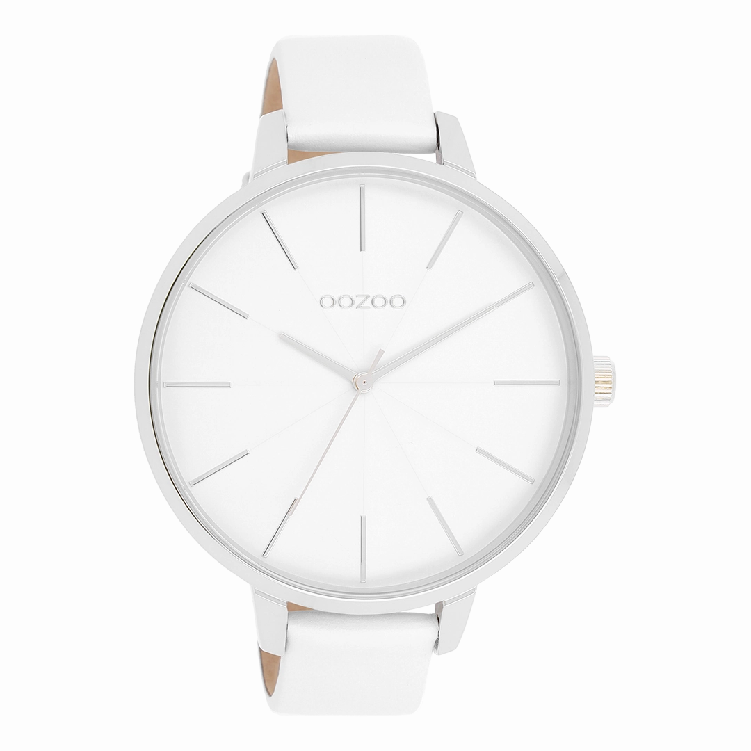 Silver coloured OOZOO watch with white leather strap - C11345,seiko watches,couple watches,watches designer,watches discount,women watches,best women watches,high end women's watches,high quality women's watches