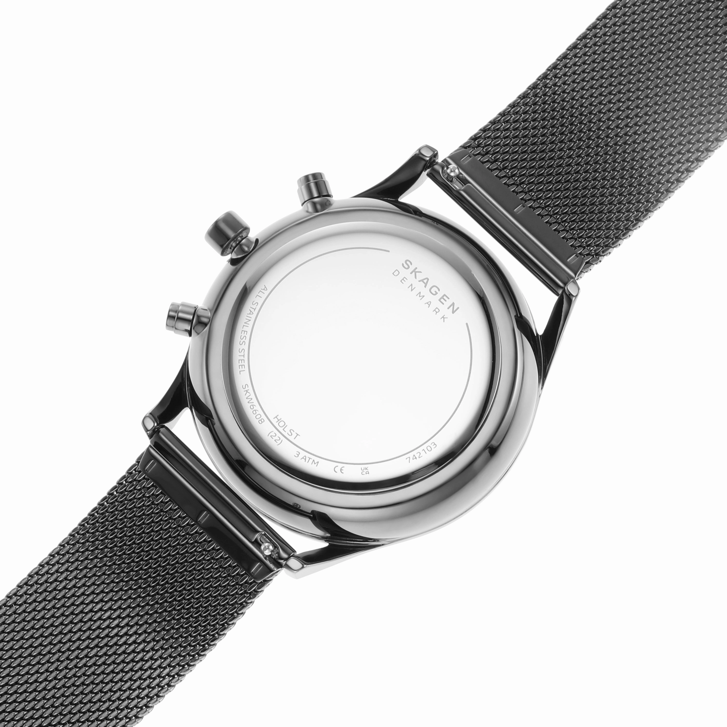 Sophisticated Skagen Holst Chronograph Watch SKW6608 in Gunmetal Steel-Mesh with 30M Water Resistance