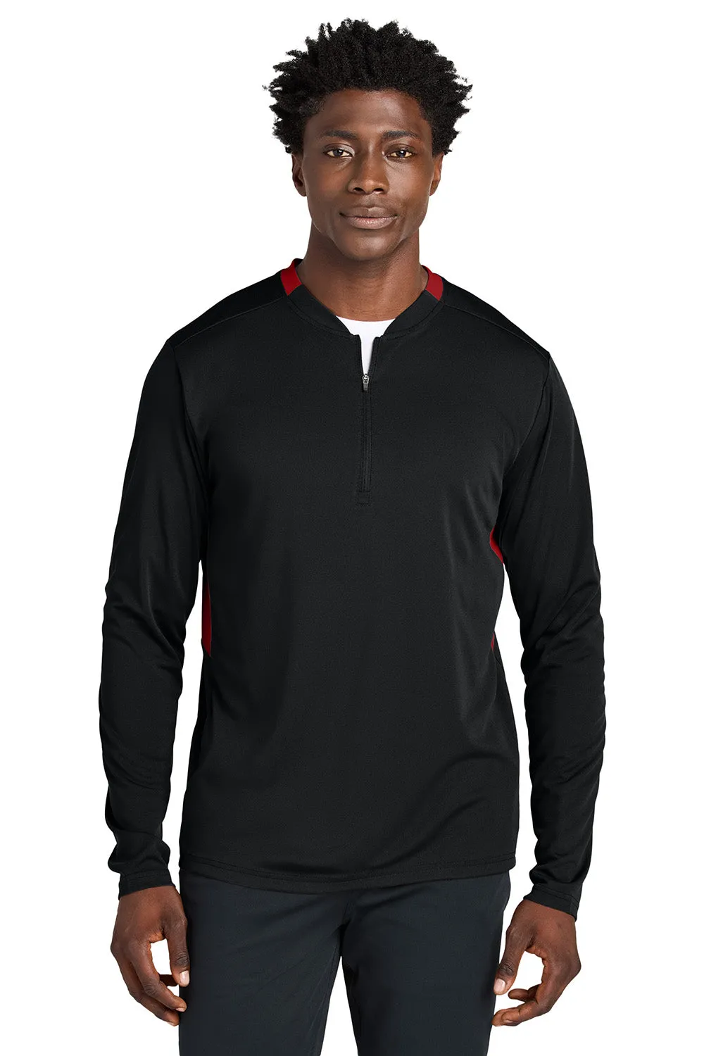 Sport-Tek Mens Club Moisture Wicking 1/4 Zip Sweatshirt - Black/Deep Red