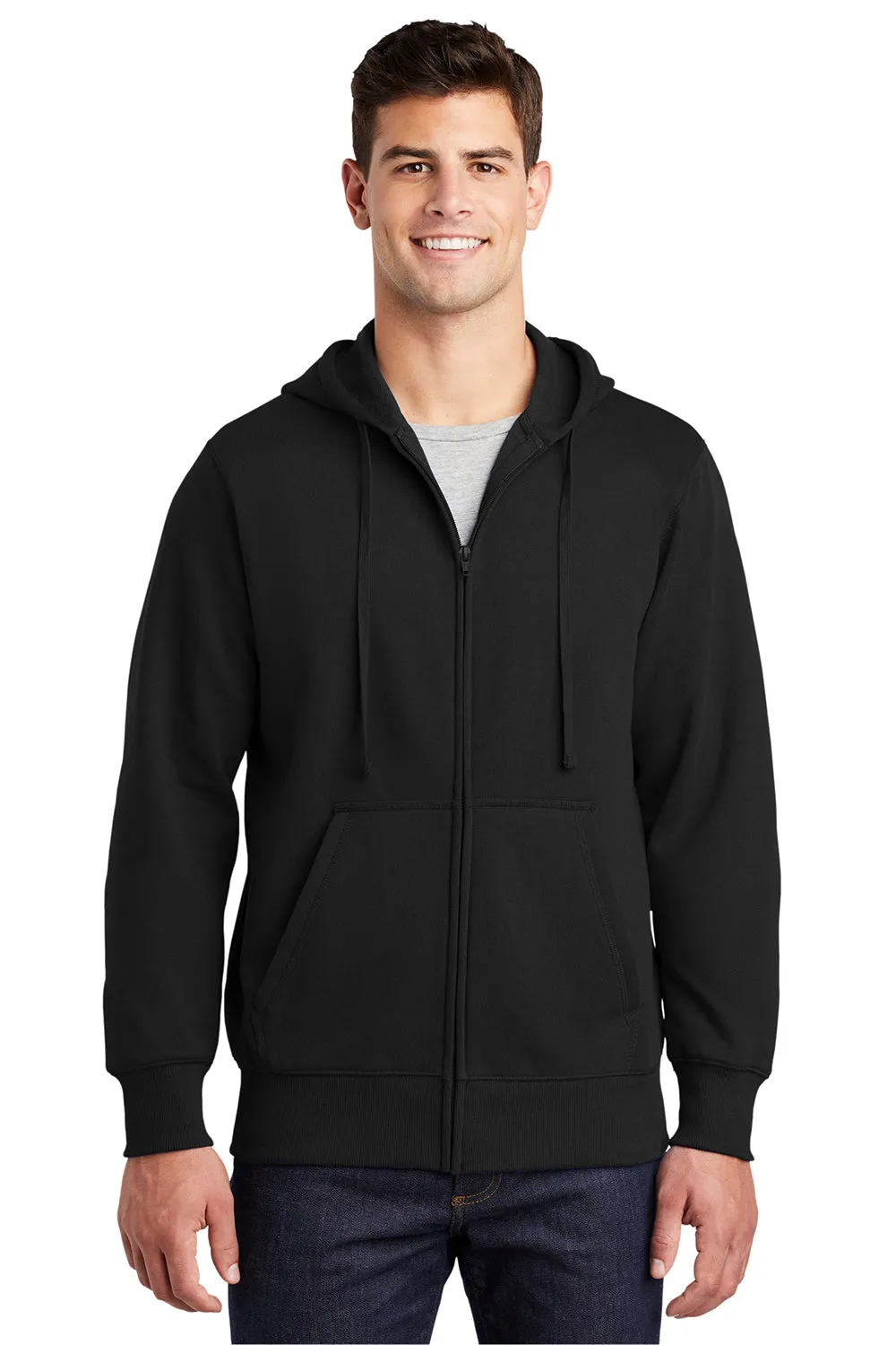 Sport-Tek Mens Fleece Full Zip Hooded Sweatshirt Hoodie w/ Pouch Pocket - Black Clothing Sport-Tek