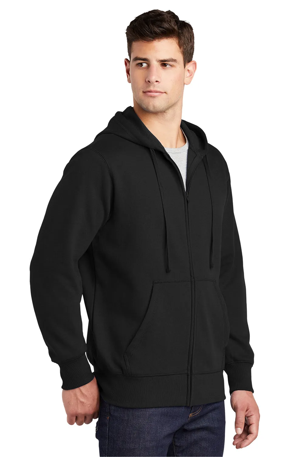 Sport-Tek Mens Fleece Full Zip Hooded Sweatshirt Hoodie w/ Pouch Pocket - Black Clothing Sport-Tek
