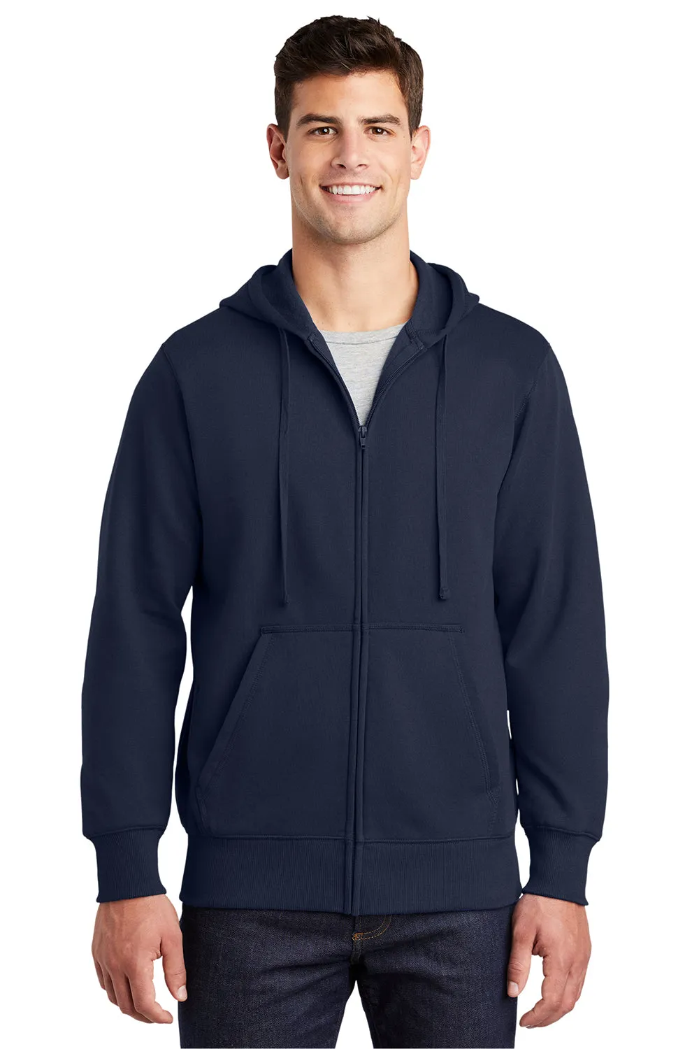 Sport-Tek Mens Fleece Full Zip Hooded Sweatshirt Hoodie w/ Pouch Pocket - True Navy Blue Clothing Sport-Tek