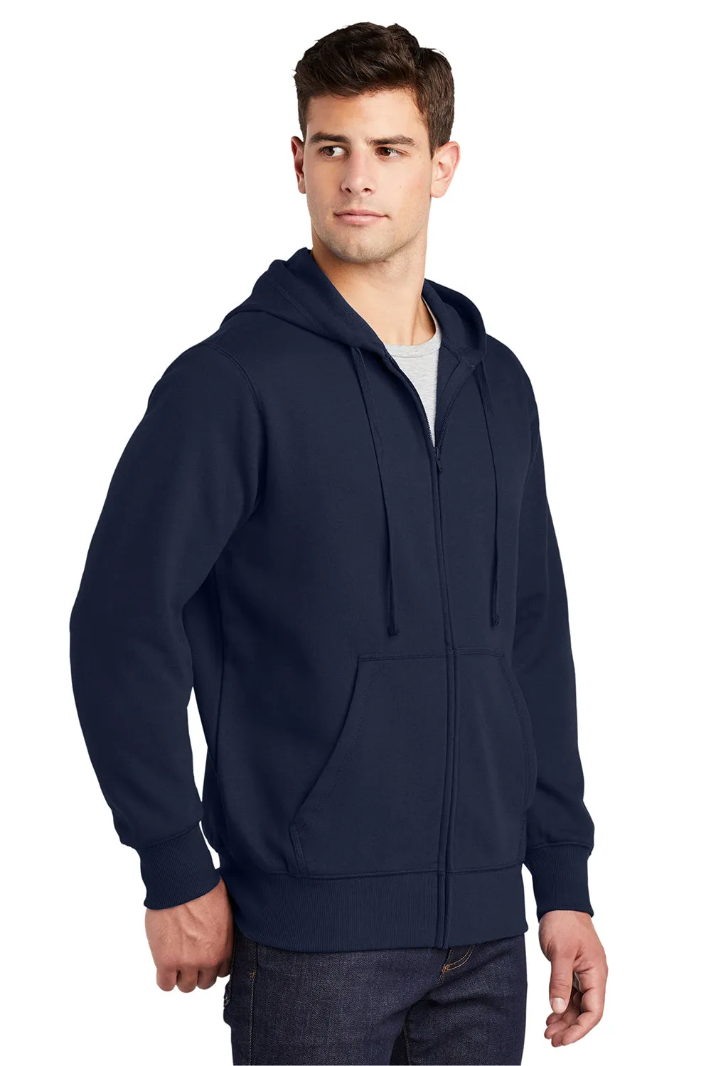 Sport-Tek Mens Fleece Full Zip Hooded Sweatshirt Hoodie w/ Pouch Pocket - True Navy Blue Clothing Sport-Tek