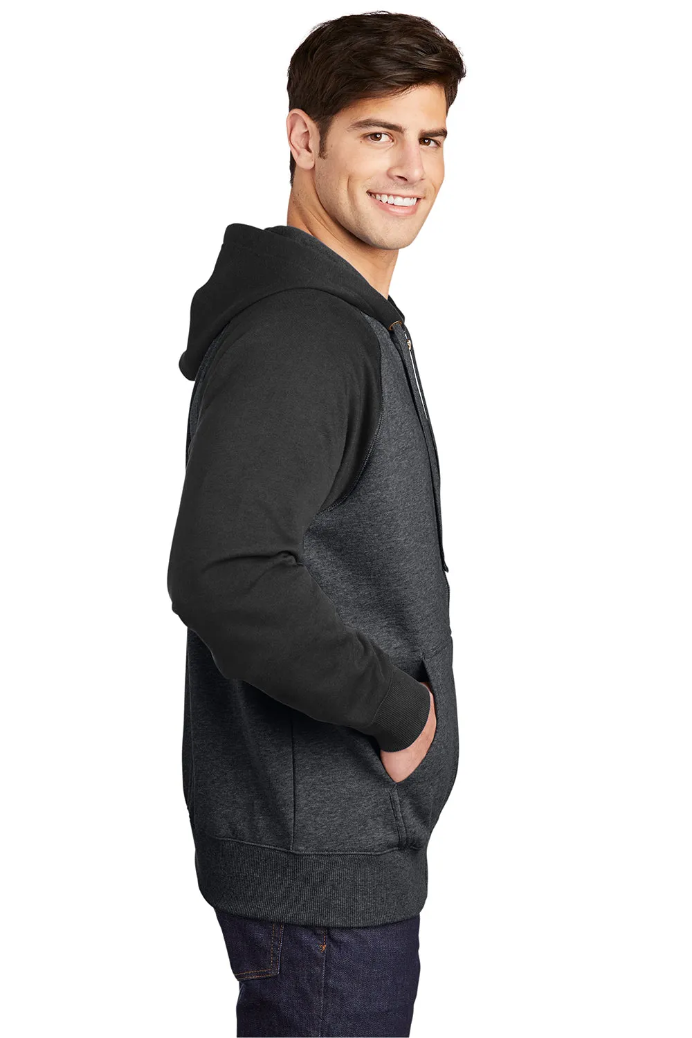 Sport-Tek Mens Shrink Resistant Fleece Full Zip Hooded Sweatshirt Hoodie w/ Pockets - Heather Graphite Grey/Black - Closeout Clothing Sport-Tek