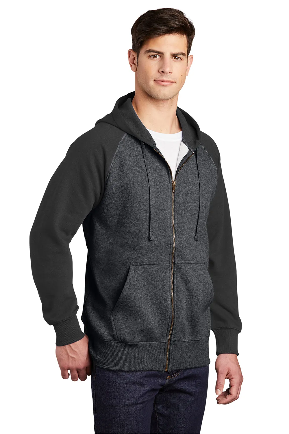 Sport-Tek Mens Shrink Resistant Fleece Full Zip Hooded Sweatshirt Hoodie w/ Pockets - Heather Graphite Grey/Black - Closeout Clothing Sport-Tek