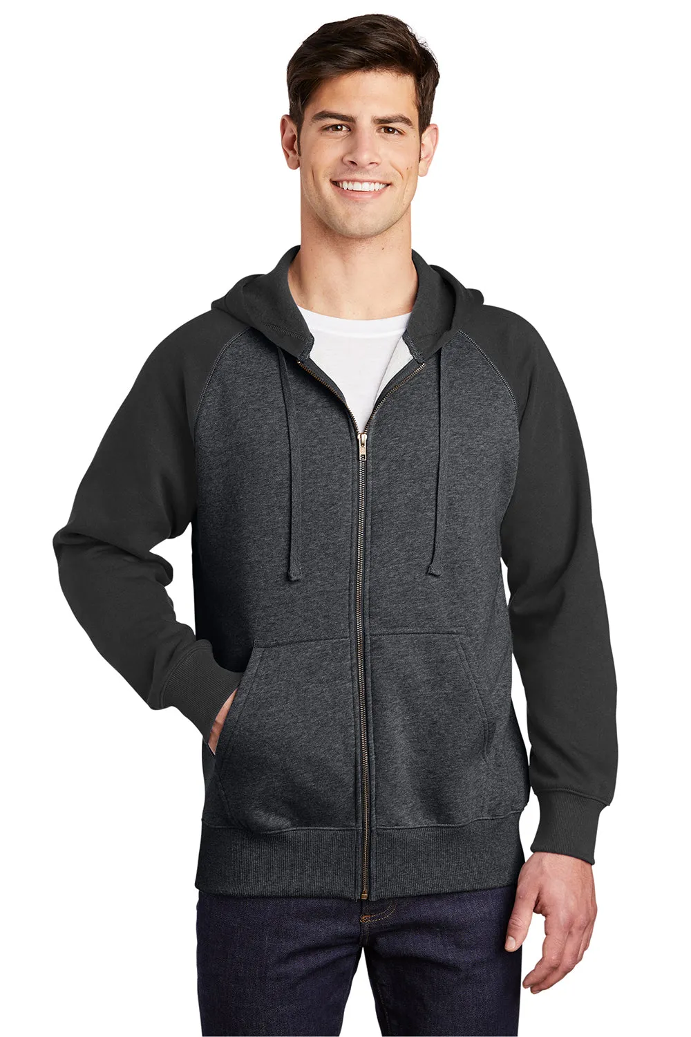 Sport-Tek Mens Shrink Resistant Fleece Full Zip Hooded Sweatshirt Hoodie w/ Pockets - Heather Graphite Grey/Black - Closeout Clothing Sport-Tek
