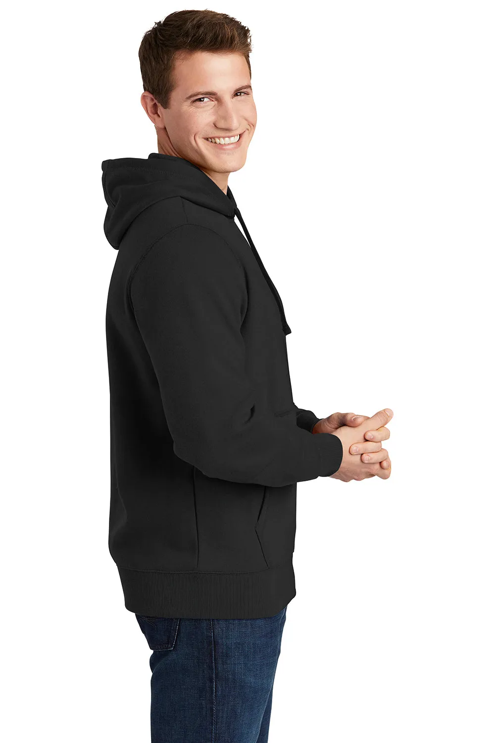 Sport-Tek Mens Shrink Resistant Fleece Hooded Sweatshirt Hoodie w/ Pouch Pocket - Black