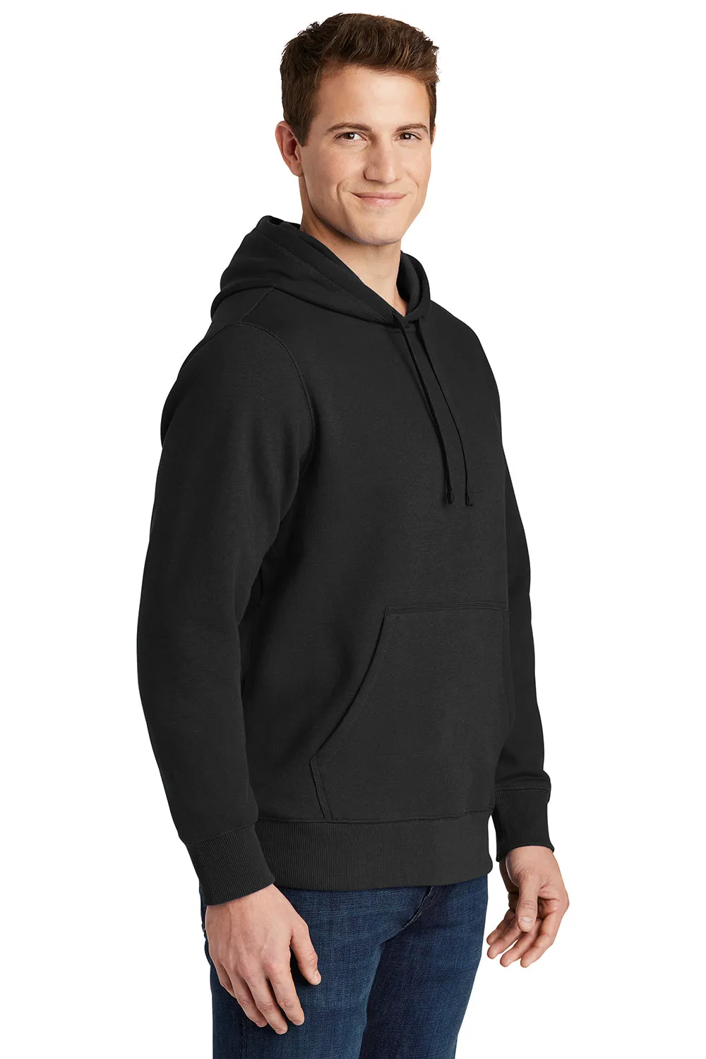 Sport-Tek Mens Shrink Resistant Fleece Hooded Sweatshirt Hoodie w/ Pouch Pocket - Black