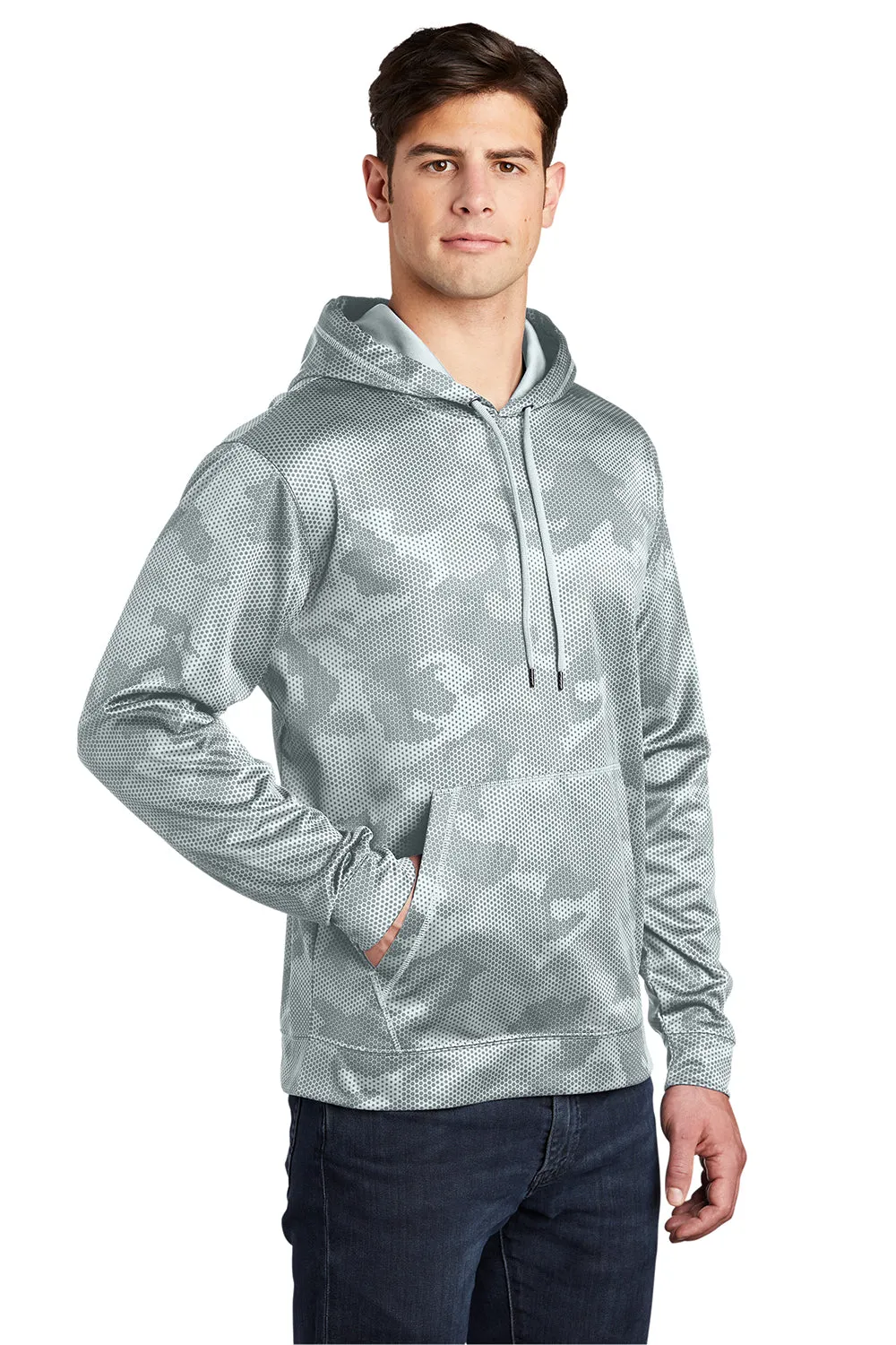 Sport-Tek Mens Sport-Wick CamoHex Moisture Wicking Fleece Hooded Sweatshirt Hoodie w/ Pouch Pocket - White