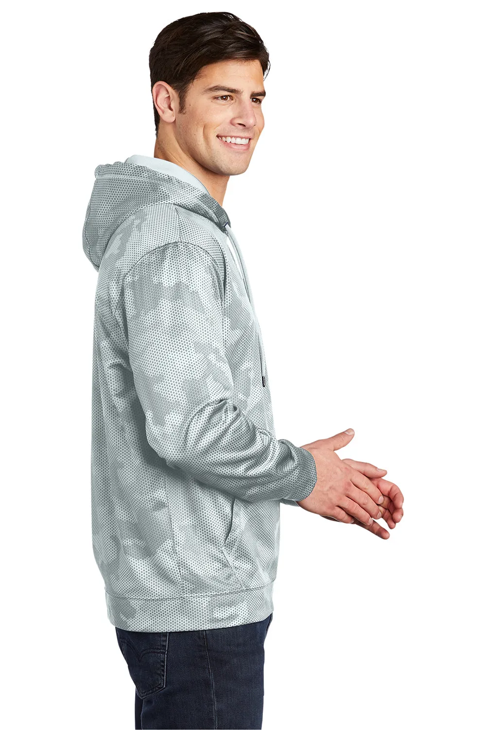 Sport-Tek Mens Sport-Wick CamoHex Moisture Wicking Fleece Hooded Sweatshirt Hoodie w/ Pouch Pocket - White