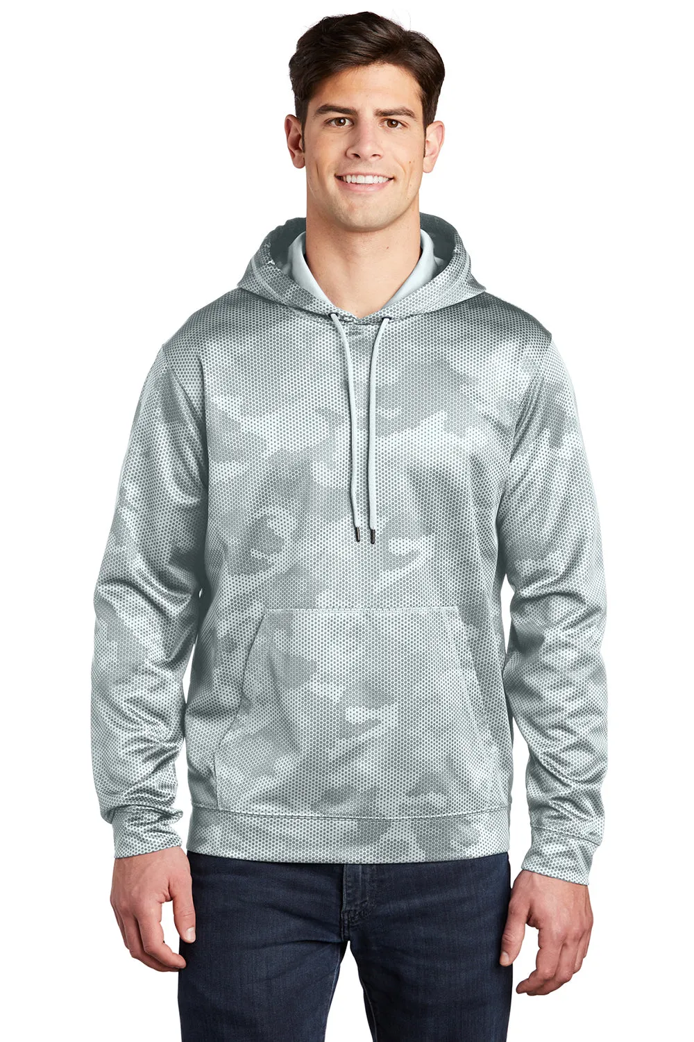 Sport-Tek Mens Sport-Wick CamoHex Moisture Wicking Fleece Hooded Sweatshirt Hoodie w/ Pouch Pocket - White