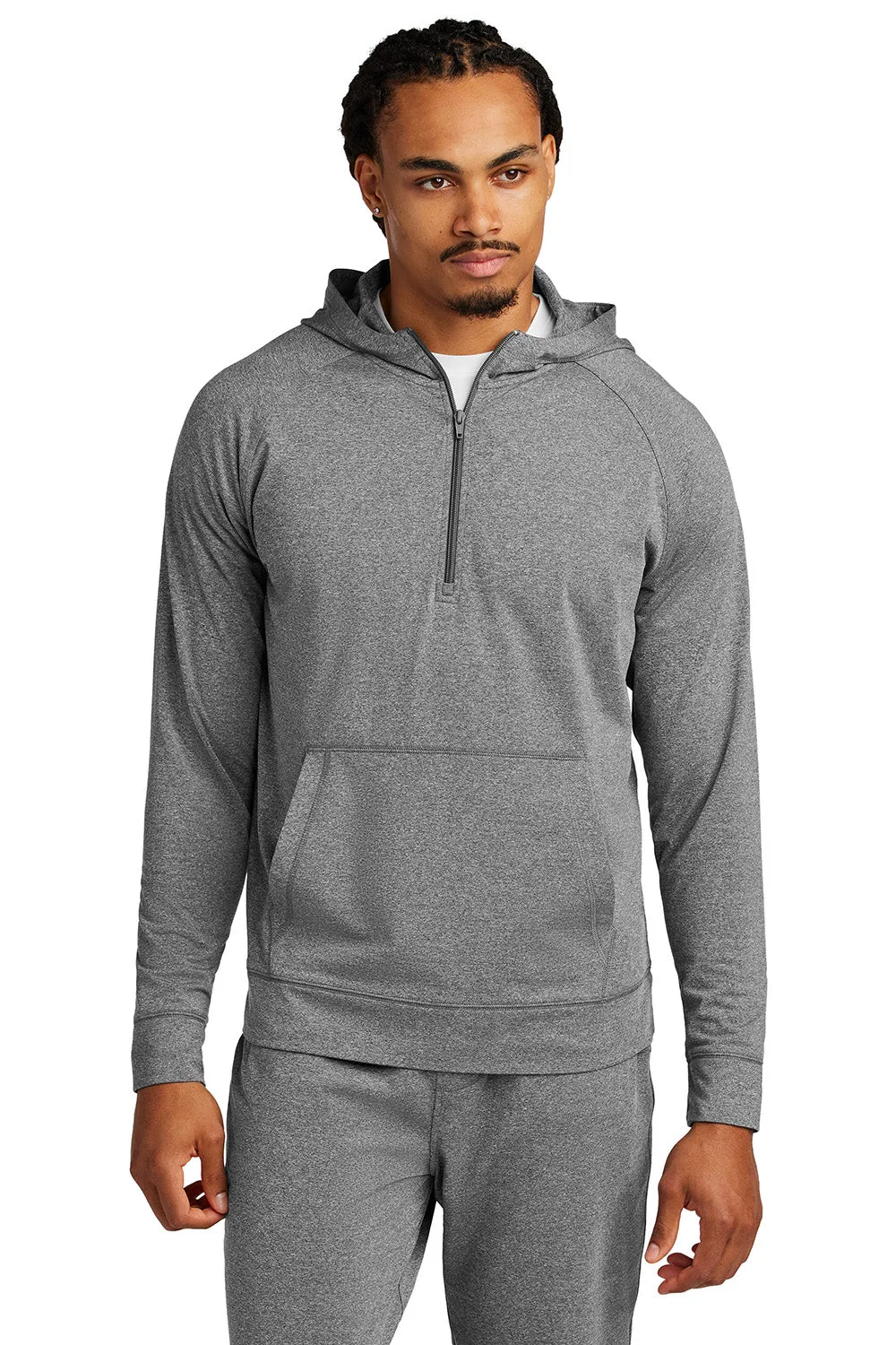 Sport-Tek Mens Sport-Wick Moisture Wicking 1/4 Zip Hooded Sweatshirt Hoodie w/ Pouch Pocket - Heather Charcoal Grey