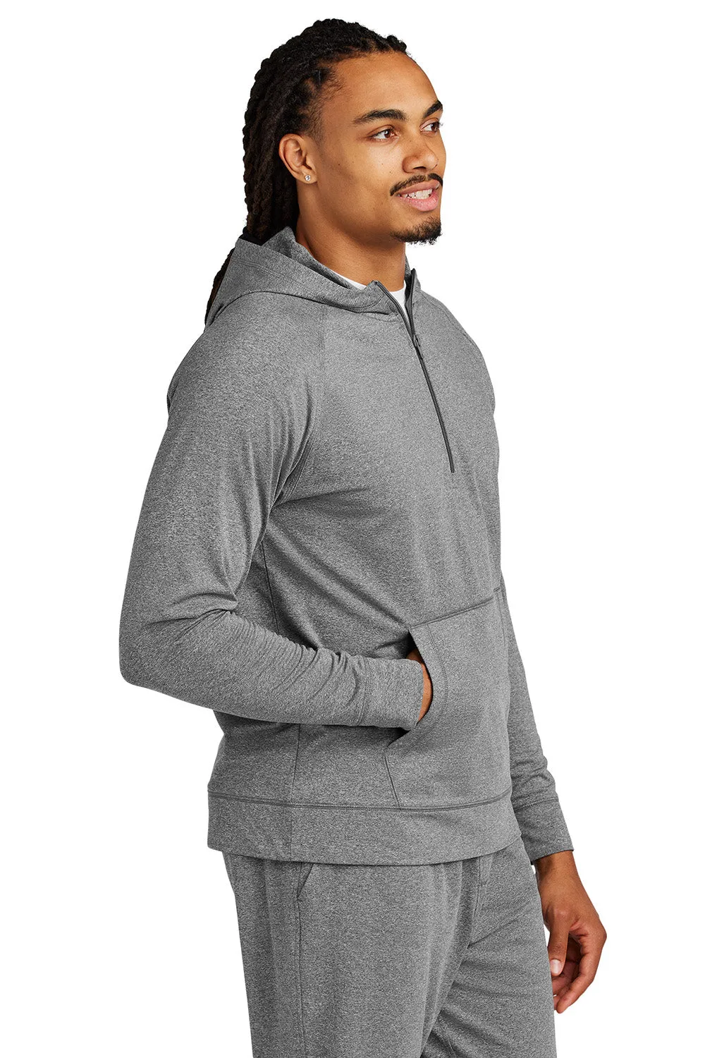 Sport-Tek Mens Sport-Wick Moisture Wicking 1/4 Zip Hooded Sweatshirt Hoodie w/ Pouch Pocket - Heather Charcoal Grey
