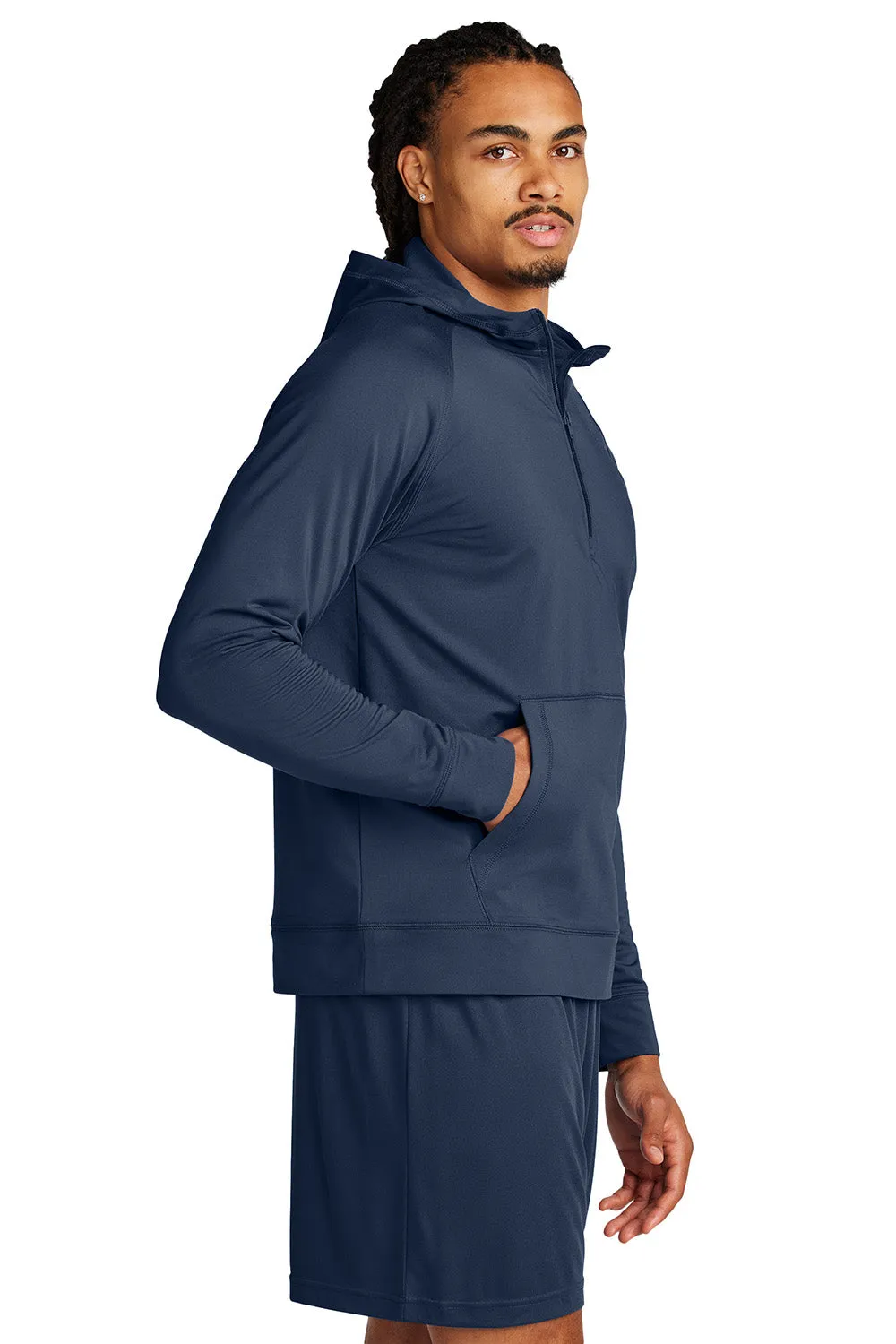 Sport-Tek Mens Sport-Wick Moisture Wicking 1/4 Zip Hooded Sweatshirt Hoodie w/ Pouch Pocket - True Navy Blue