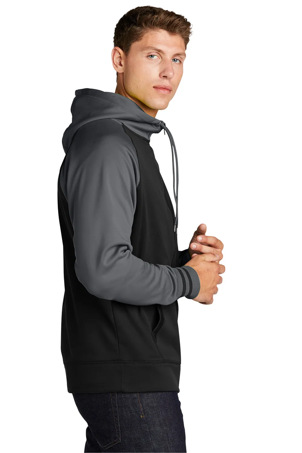 Sport-Tek Mens Sport-Wick Moisture Wicking Fleece Hooded Sweatshirt Hoodie w/ Pouch Pocket - Black/Dark Smoke Grey