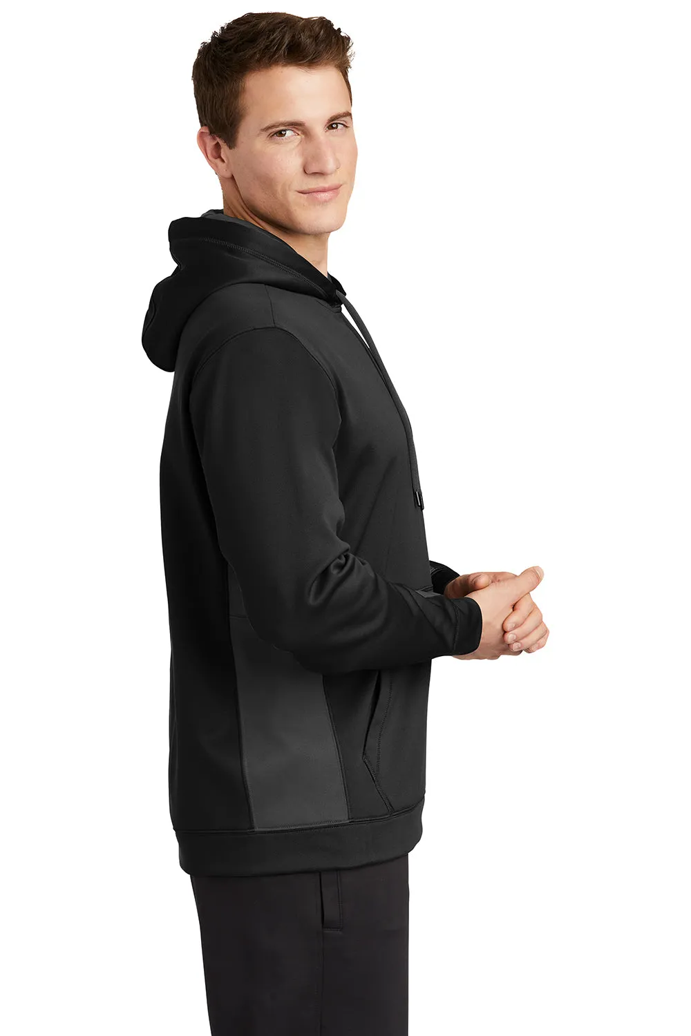 Sport-Tek Mens Sport-Wick Moisture Wicking Fleece Hooded Sweatshirt Hoodie w/ Pouch Pocket - Black/Dark Smoke Grey