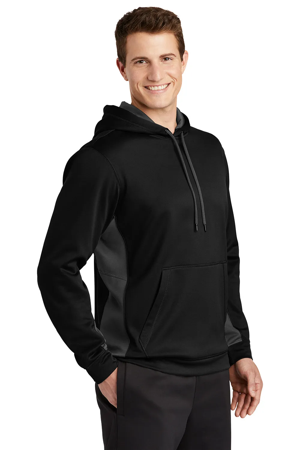 Sport-Tek Mens Sport-Wick Moisture Wicking Fleece Hooded Sweatshirt Hoodie w/ Pouch Pocket - Black/Dark Smoke Grey