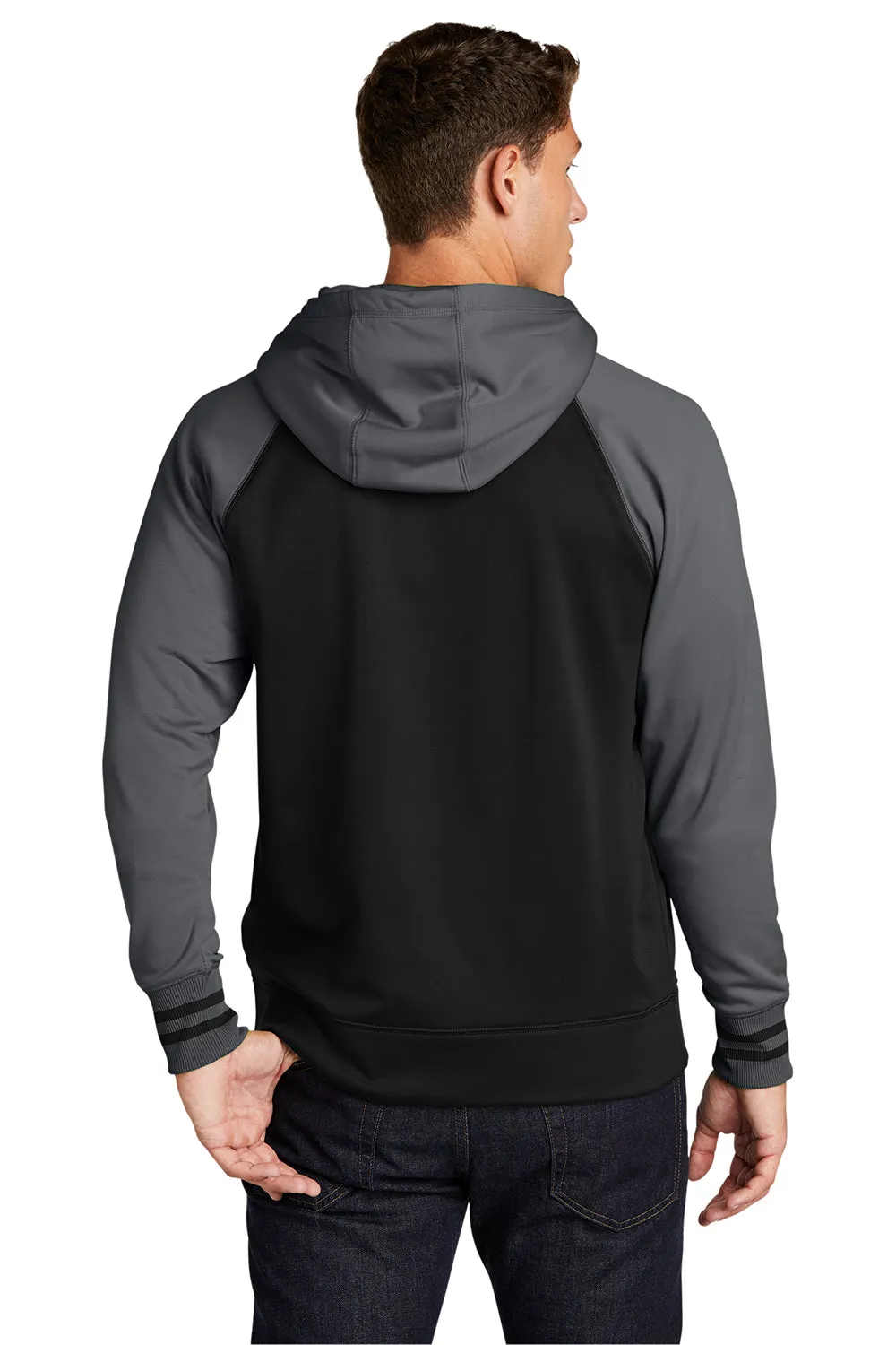 Sport-Tek Mens Sport-Wick Moisture Wicking Fleece Hooded Sweatshirt Hoodie w/ Pouch Pocket - Black/Dark Smoke Grey