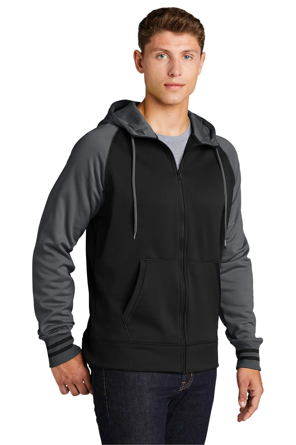 Sport-Tek Mens Sport-Wick Moisture Wicking Fleece Hooded Sweatshirt Hoodie w/ Pouch Pocket - Black/Dark Smoke Grey