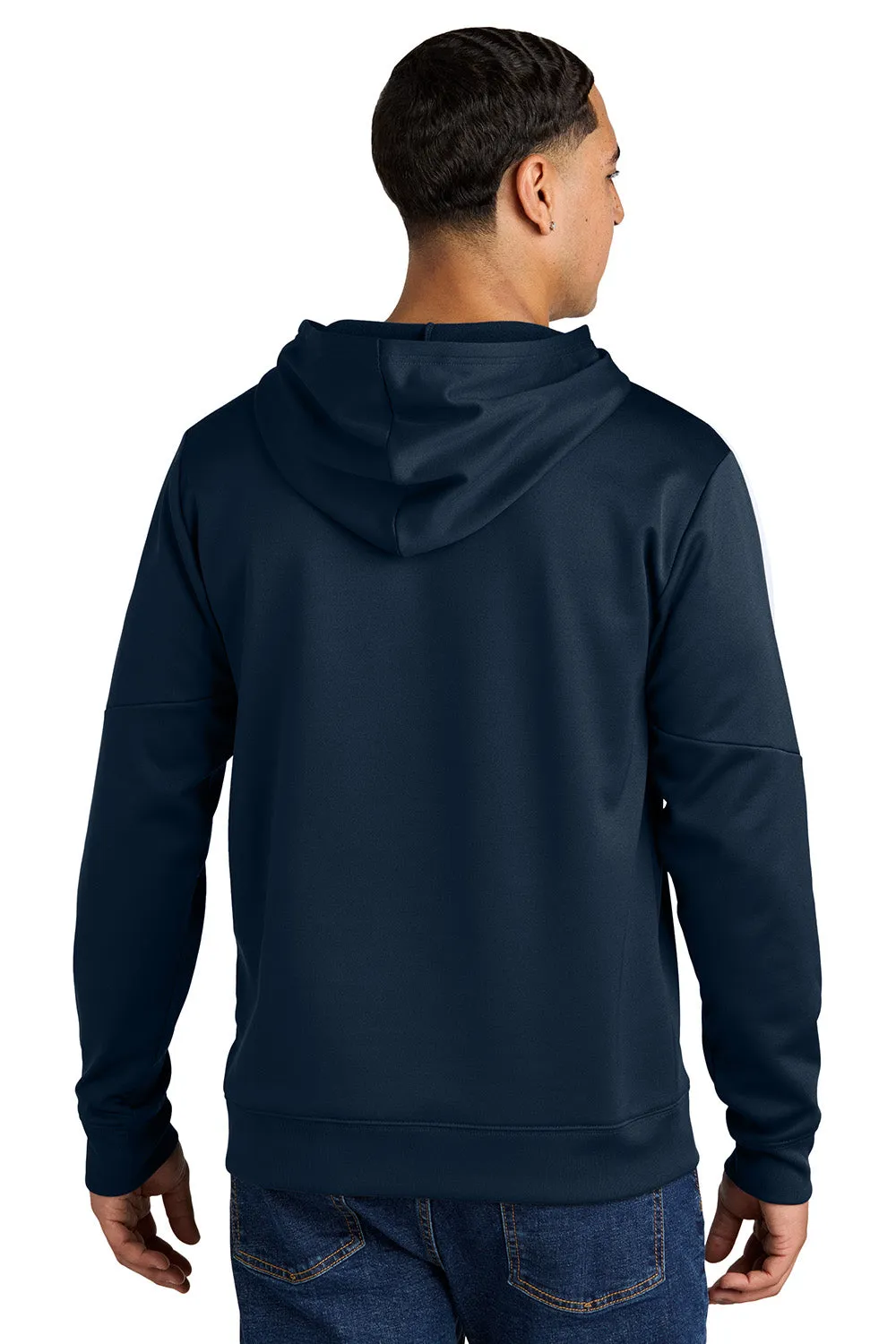 Sport-Tek Mens Sport-Wick Moisture Wicking United Fleece Hooded Sweatshirt Hoodie w/ Pouch Pocket - Navy Blue/White
