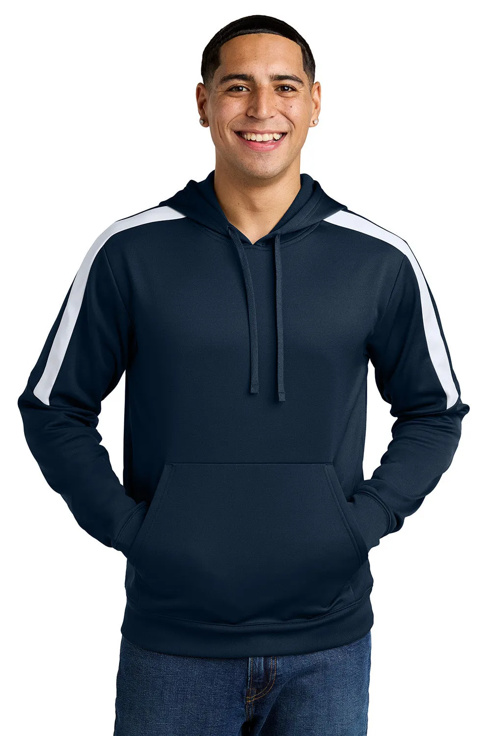 Sport-Tek Mens Sport-Wick Moisture Wicking United Fleece Hooded Sweatshirt Hoodie w/ Pouch Pocket - Navy Blue/White