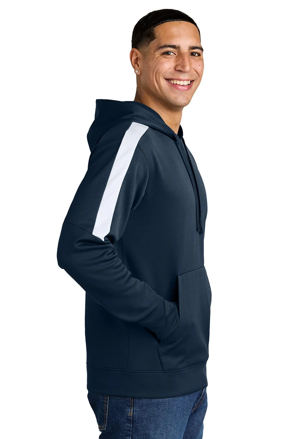 Sport-Tek Mens Sport-Wick Moisture Wicking United Fleece Hooded Sweatshirt Hoodie w/ Pouch Pocket - Navy Blue/White