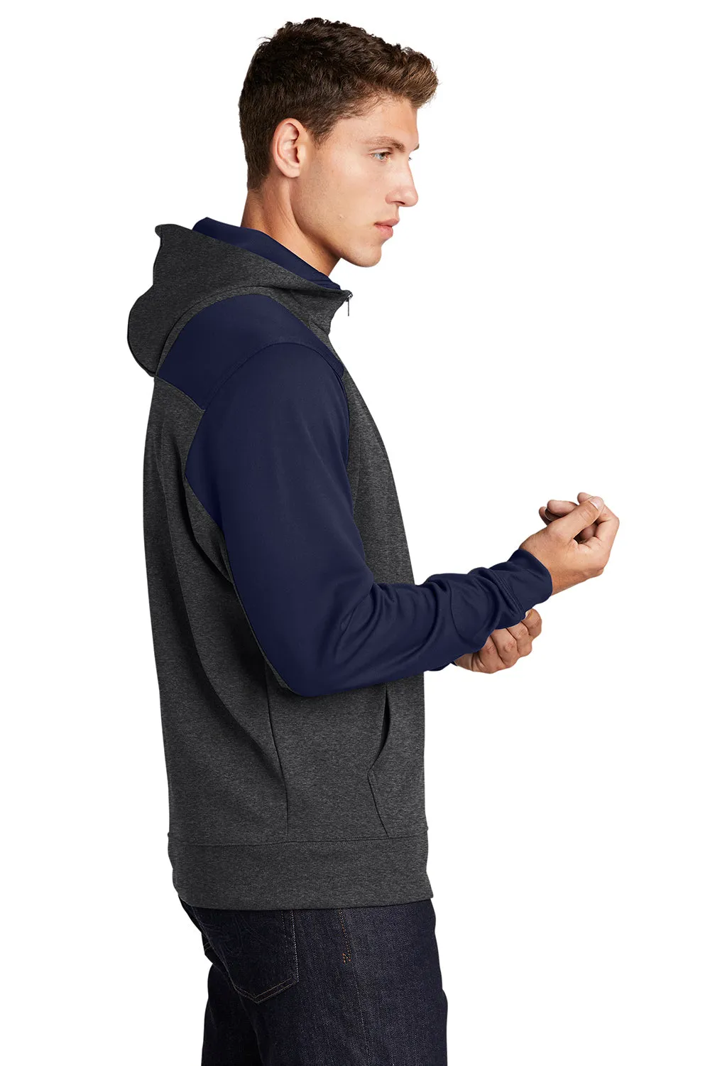 Sport-Tek Mens Tech Moisture Wicking Fleece 1/4 Zip Hooded Sweatshirt Hoodie w/ Patch Pocket - Heather Graphite Grey/True Navy Blue Clothing Sport-Tek